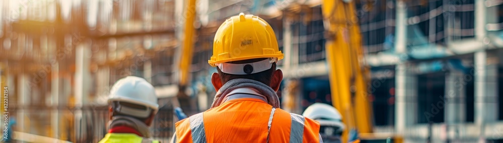 Ensuring Safety Compliance: Construction Site Workers in Hard Hats and Safety Vests Following Protocols Ensuring Safety Compliance: Construction Site Workers in Hard Hats and Safety Vests Following Protocols