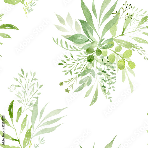 Greenery watercolor seamless pattern. Foliage arrangement. Watercolor green leaves on white.