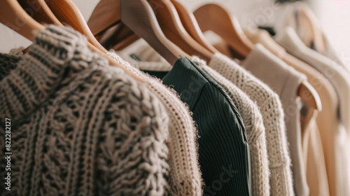neutral colored knit sweaters on wooden hangers in a minimalist store setting