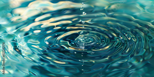 Drops of water are falling into the water surface that causes a blue ripple. 