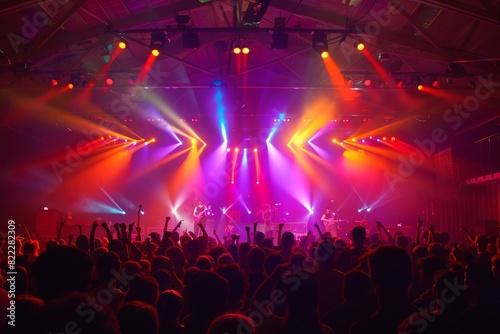 Energetic Crowd Enjoying a Live Concert with Colorful Stage Lighting