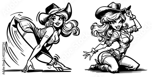 country beauty cowgirl pin-up girl illustration, adorable beautiful pinup woman model wild west, comic book cartoon character, black shape silhouette vector decoration, printing, laser cut engraving