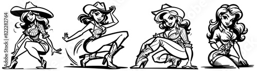 country beauty cowgirl pin-up girl illustration  adorable beautiful pinup woman model wild west  comic book cartoon character  black shape silhouette vector decoration  printing  laser cut engraving