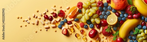 A variety of fruits and vegetables are arranged in a colorful and visually appealing way against a solid yellow background.