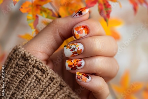 A Woman's Hand With Her Nails Painted In White Nail Polish With Orange Leaves Art Autumn-Themed Nail Art Nail Salon