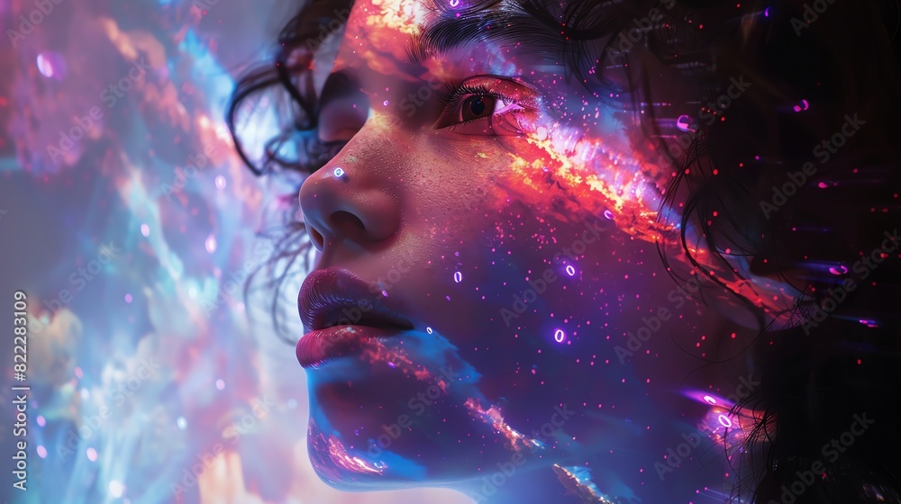Ethereal portrait of a woman with cosmic light projections on her face, evoking a dreamy and futuristic atmosphere. Ethereal portrait of a woman with cosmic light projections on her face, evoking a dreamy and futuristic atmosphere.