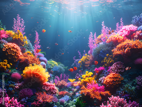 A vibrant coral reef teems with life  including fish and a sun beam shining down.