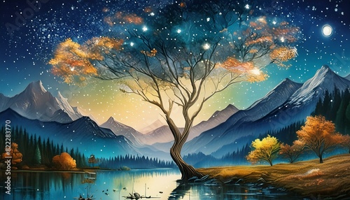  perfect masterpiece. lake oak tree soft watercolors painting illustration high gothic Vincent van Gogh starry night sky raining shooting stars glitter sky twinkling stars glistening . photo