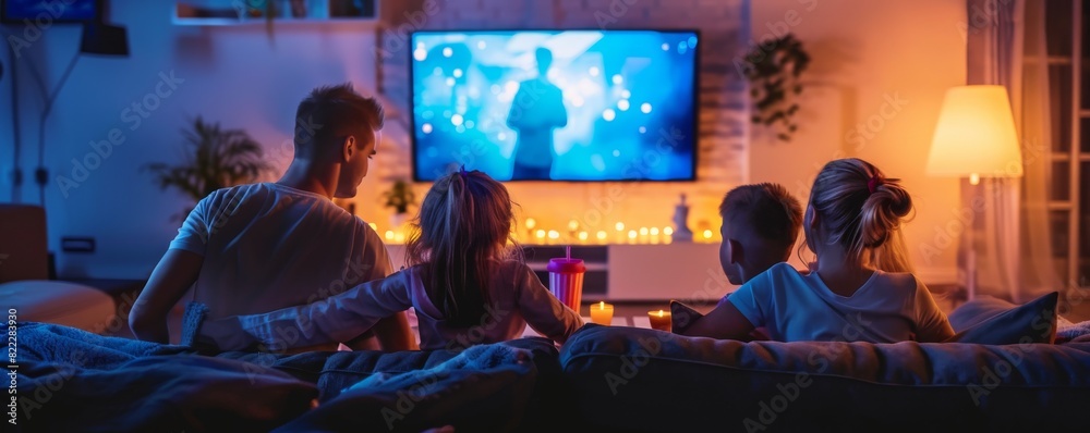 Cozy Family Movie Night - Parents and Kids Watching Film Together on Sofa with Popcorn and Drinks in Dimly Lit Room Cozy Family Movie Night - Parents and Kids Watching Film Together on Sofa with Popcorn and Drinks in Dimly Lit Room