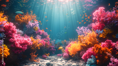 A vibrant coral reef teems with life  including fish and a sun beam shining down.