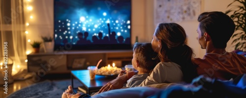 Cozy Family Movie Night  Parents and Children Watching Film Together with Popcorn and Drinks in Dimly Lit Room