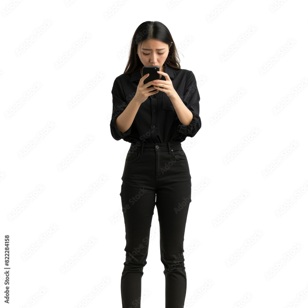 A woman is looking at her cell phone, isolated on transparent background A woman is looking at her cell phone, isolated on transparent background