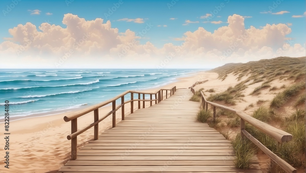 There is a beach with a wooden walkway. The ocean is to the left and there are sand dunes to the right. The sky is blue and there are white clouds.

