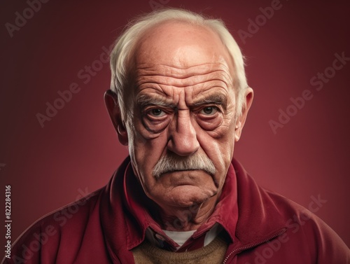 Maroon background sad european white man grandfather realistic person portrait older person beautiful bad mood old man Isolated on Background 