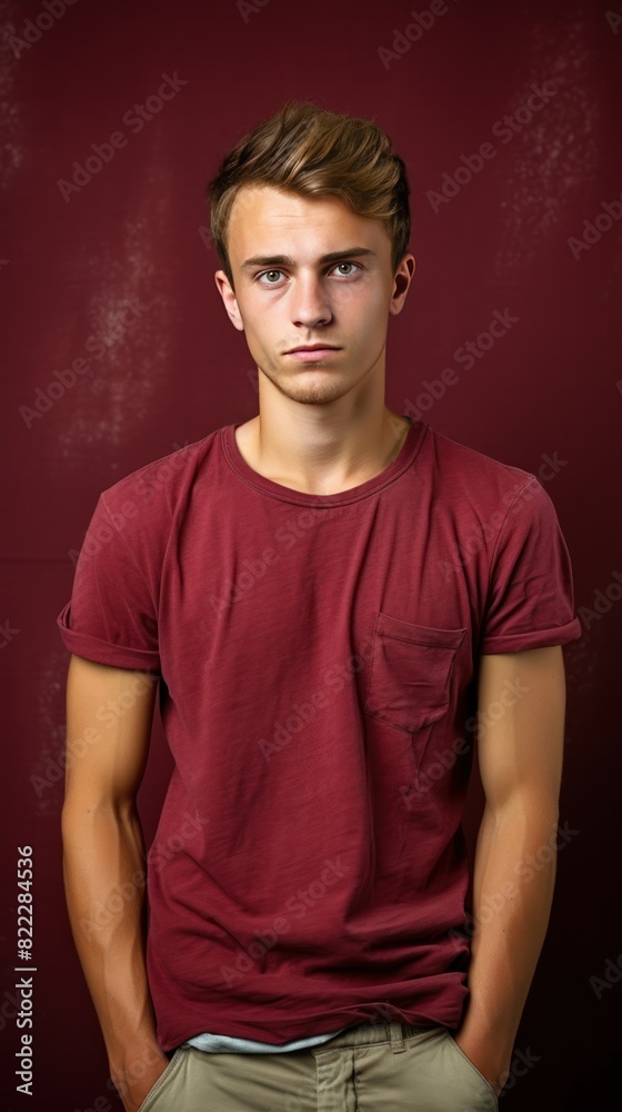 Maroon background sad european white man realistic person portrait of young beautiful bad mood expression man Isolated on Background depression anxiety 