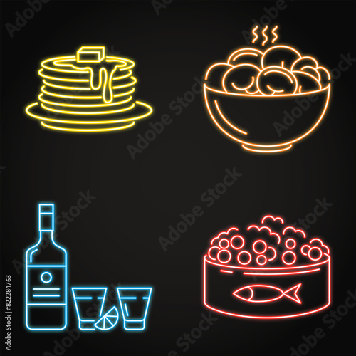 Russian national food neon icon set
