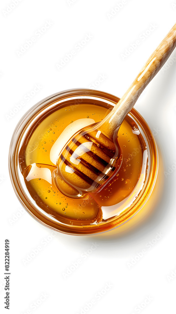 Wooden dipper stick with honey top view isolated on white background Wooden dipper stick with honey top view isolated on white background