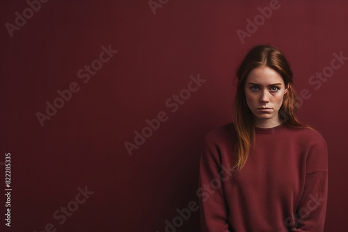 Maroon background sad european white Woman realistic person portrait of young beautiful bad mood expression Woman Isolated on Background depression 