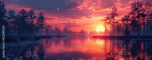 Sunset in the Swamp flat design side view dusky sky theme water color Triadic Color Scheme