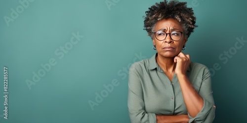 Mint background sad black American independent powerful Woman. Portrait of older mid-aged person beautiful bad mood expression girl Isolated photo