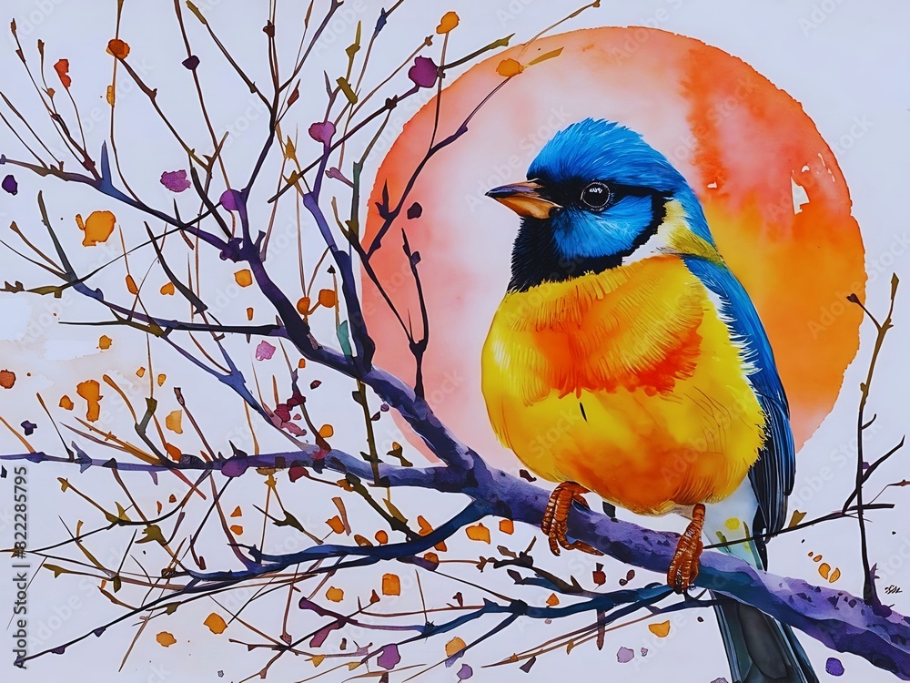 Obraz premium Watercolor bird painting in bright, beautiful colours among flowers and sun a painting for the interior art drawing