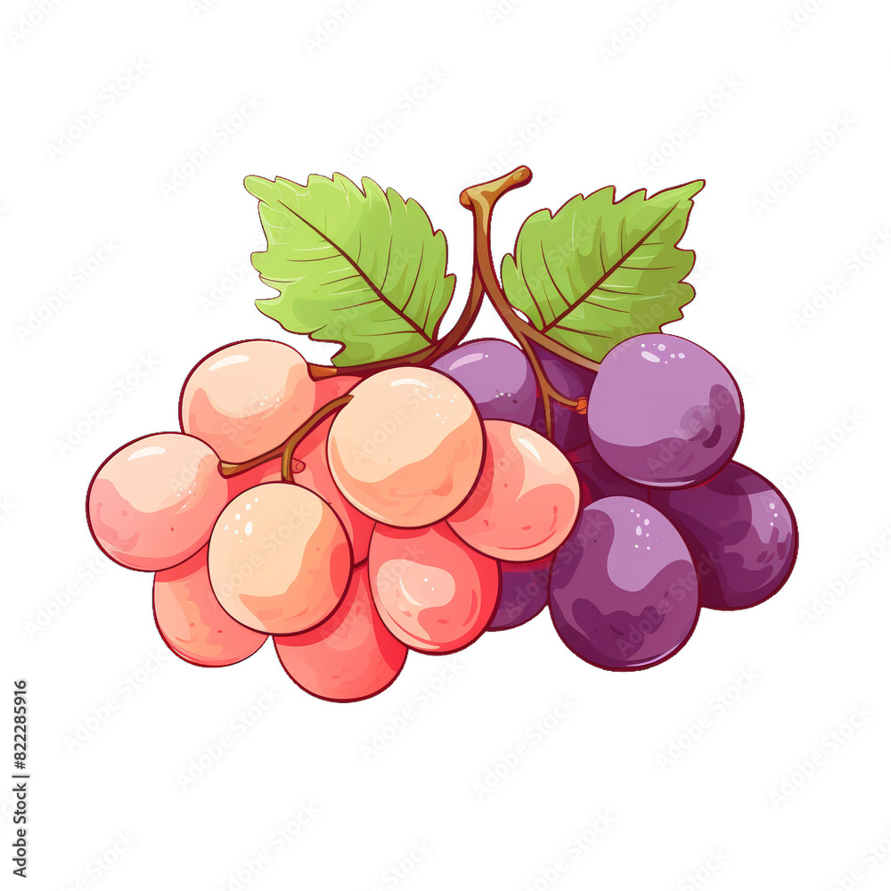 Fototapeta premium Colorful illustration of red and purple grapes with green leaves, perfect for wine, fruit, and food-themed projects.