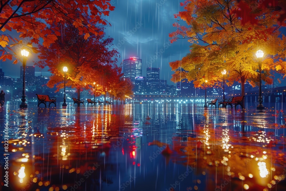 Naklejka premium Night view of city street lights along park during rainy and autumn season professional photography