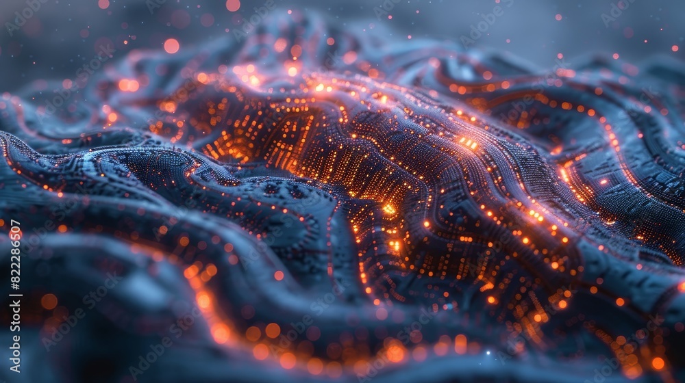 Abstract digital landscape with glowing orange lights on a wavy surface, representing technology and futuristic environments. Abstract digital landscape with glowing orange lights on a wavy surface, representing technology and futuristic environments.