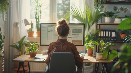 Tranquil Home Office Setup with Person Reviewing Retirement Plan on Computer, Surrounded by Plants and Motivational Quotes