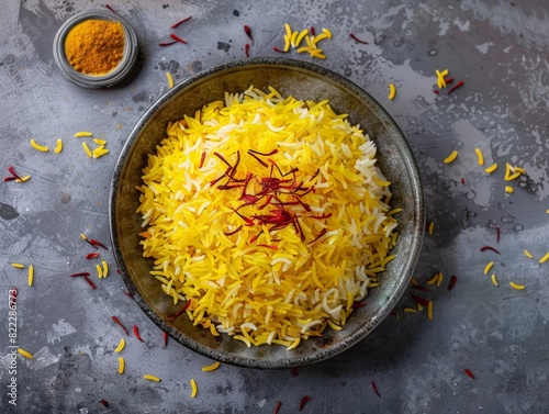 Top view of Iranian tahdig (crispy rice) with saffron, using the rule of thirds, with ample copy space photo