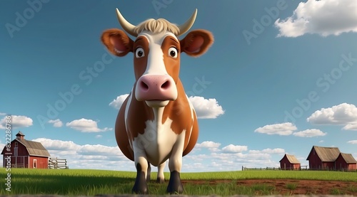 Cow looking surprised from side at farm pasture big eyes and horns cartoon moo 3d rendering funny illustrated cattle animal photo