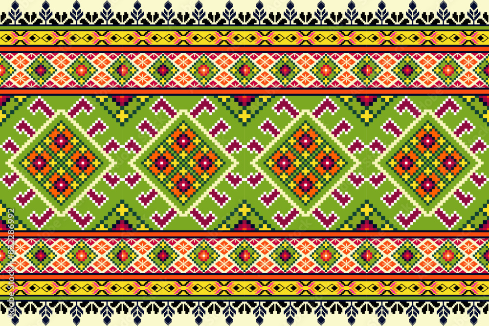 Pixel pattern ethnic oriental traditional. Design fabric pattern textile African, Aztec African America Indian seamless. Floral pixel art pattern on navy background  vector illustration