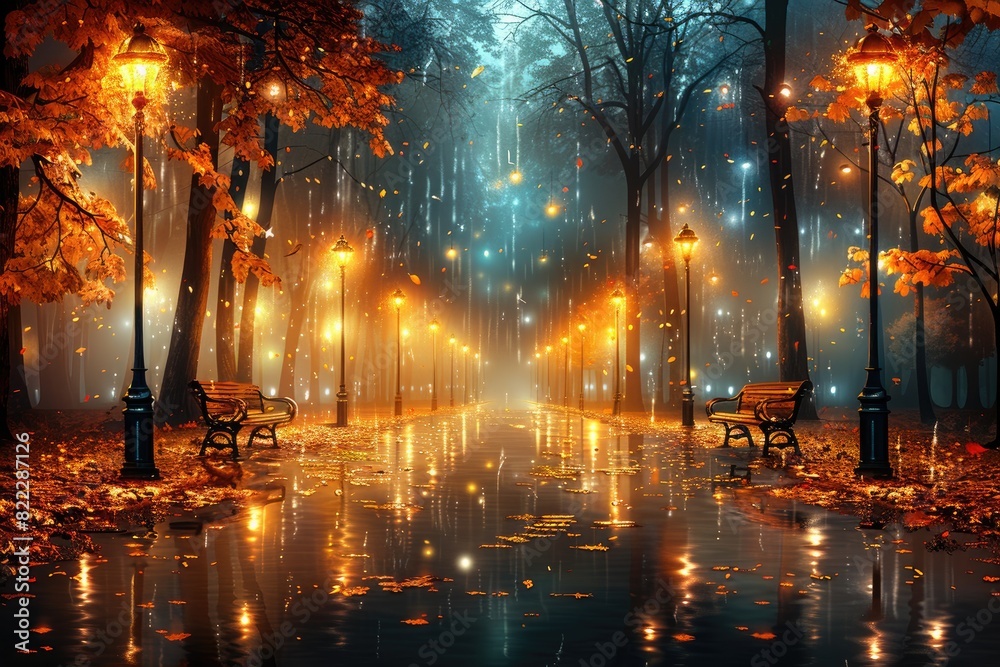 Night view of city street lights along park during rainy and autumn season professional photography Night view of city street lights along park during rainy and autumn season professional photography
