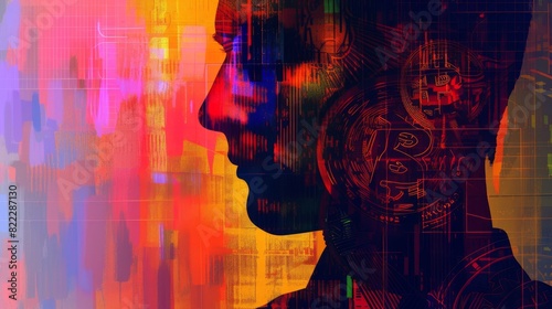 Abstract representation of a human profile overlaid with vibrant digital and mechanical elements, conveying a fusion of art and technology.