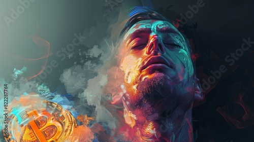 Artistic digital image of a man's face partially illuminated in a dreamlike style with glowing Bitcoin symbols and abstract colorful swirls around him, suggesting themes of finance and technology.