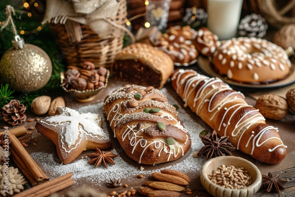 Festive Holiday Bakery Scene with Christmas-Themed Decorative Breads for Seasonal Celebration Design