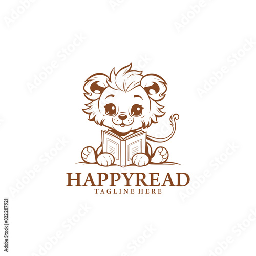 Lion cub with book logo vector illustration