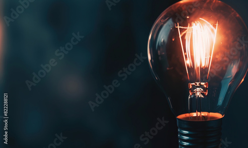 One glowing light bulb against the dark background with a copy space
