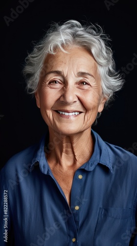 Navy background Happy european white Woman grandmother realistic person portrait of young beautiful Smiling Woman Isolated on Background Banner © Zickert