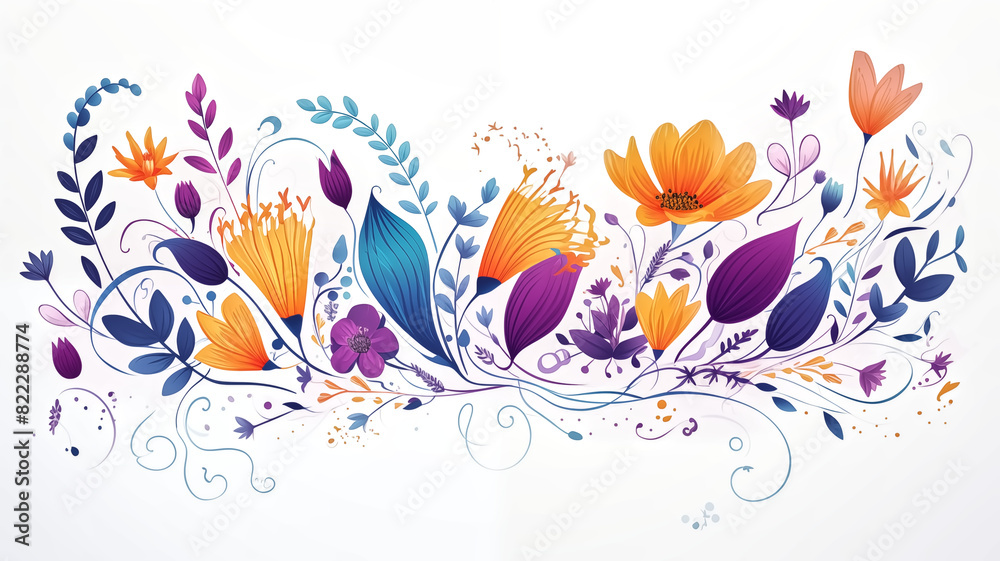 A vibrant illustration featuring a mix of colorful flowers and abstract leaves, combining orange, purple, and blue hues on a white background.