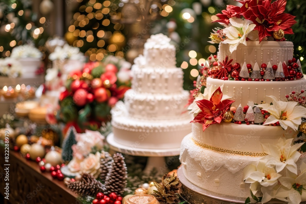 Fototapeta premium Festive Holiday Dessert Table Display Featuring Decorated Wedding Cakes and Seasonal Pastries