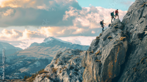 Three people are climbing a mountain, with one of them holding a rope