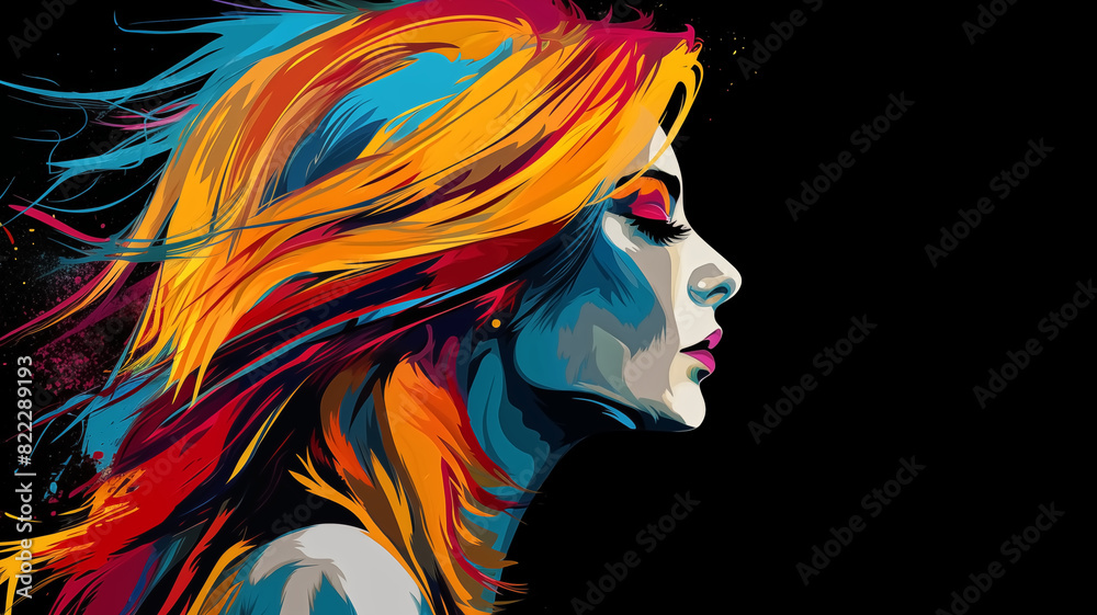 Vibrant and dynamic abstract portrait of a woman with flowing multicolored hair against a black background, showcasing artistic expression. Vibrant and dynamic abstract portrait of a woman with flowing multicolored hair against a black background, showcasing artistic expression.