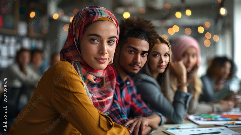 A photorealistic image of a diverse group of people working together on a creative project, with a focus on collaboration and teamwork.