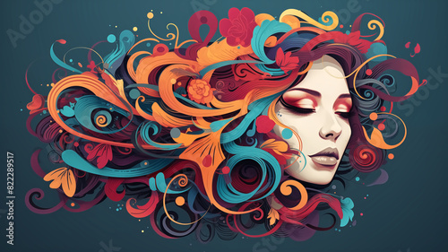 Vibrant abstract artwork featuring a woman's face with flowing, colorful swirls and floral elements creating a dynamic visual.