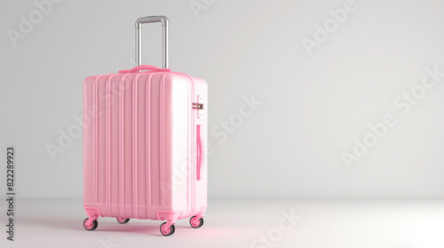A pink traveling bag, baggage, or suitcase on a minimal white background with copy space. Vacation, travel in summer, holiday trip concept. 