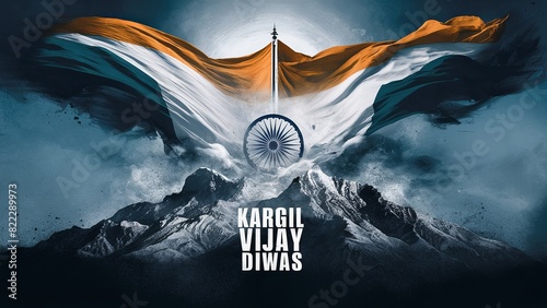 Kargil Vijay Diwas, Kargil victory day, indian army silhouette, holding flag	 photo
