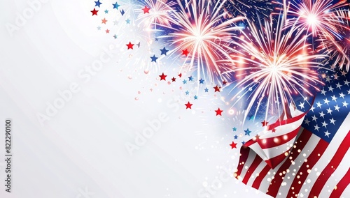 Festive background with an American flag and colorful fireworks, perfect for celebrating Independence Day, Fourth of July, and other patriotic events and designs. photo