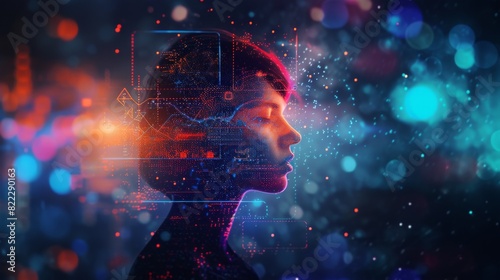 A captivating visual of a woman's profile filled with AI and data analytics visuals, projecting a futuristic technology concept.