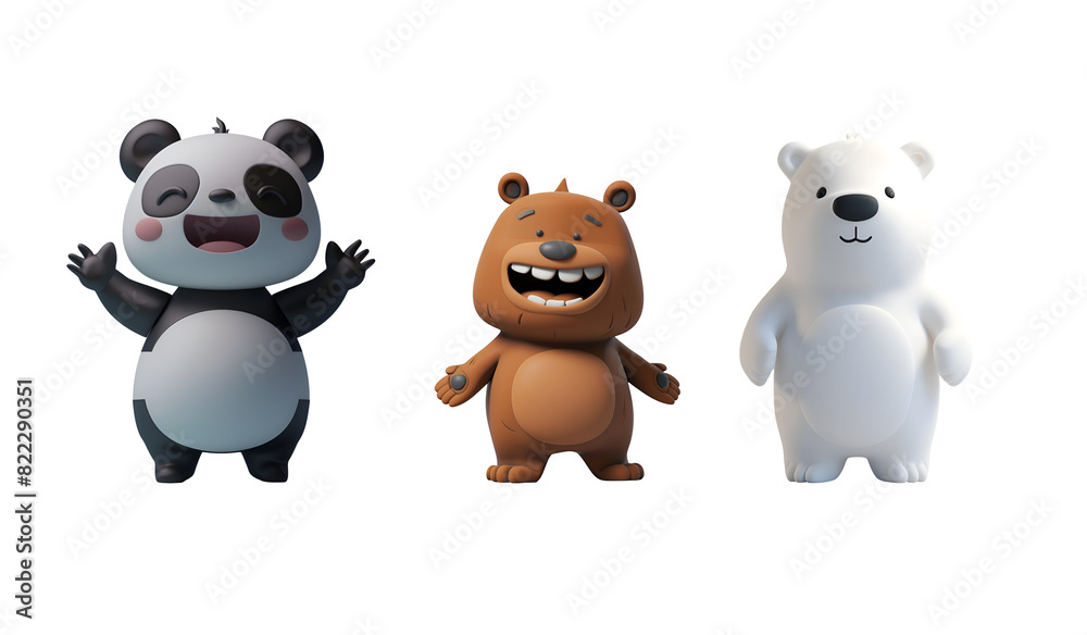 3D Render Illustration of Cute Bear Set: Chibi Character Cartoon of Panda, Polar Bear, and Grizzly Bear Animal, Isolated on Transparent Background, PNG 3D Render Illustration of Cute Bear Set: Chibi Character Cartoon of Panda, Polar Bear, and Grizzly Bear Animal, Isolated on Transparent Background, PNG